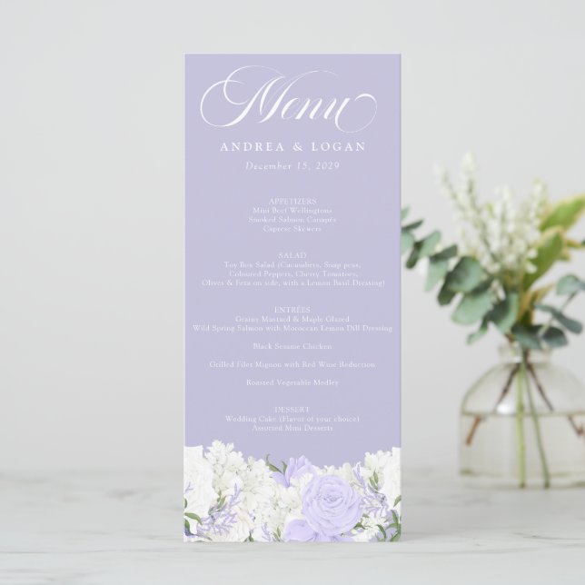 White and Periwinkle | Wedding Menu (Standing Front)