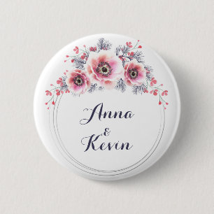 White and pink anemones, flower wreath. 6 cm round badge