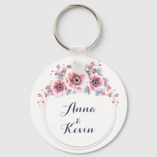 White and pink anemones, flower wreath. key ring