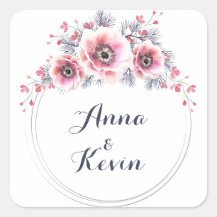 White and pink anemones, flower wreath. square sticker