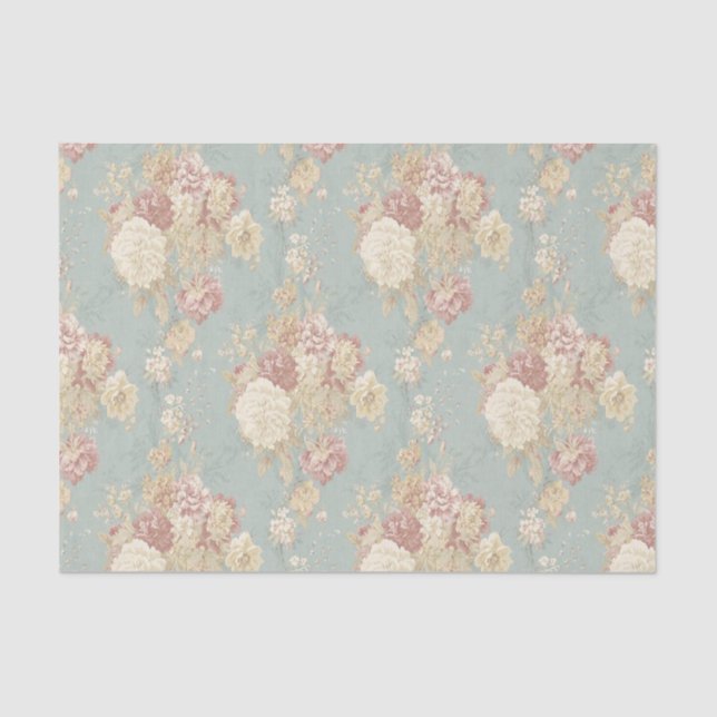 White and Pink Blush Roses on Blue background Tissue Paper (Front)
