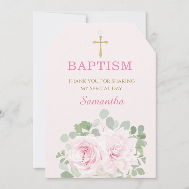 White and Pink Custom Baptism Thank You Card (Front)