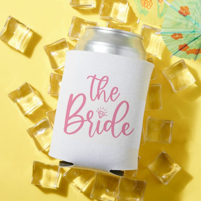 White and Pink Custom Bride Wedding Can Cooler (In Situ Summer)