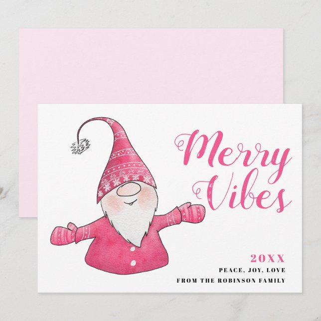 White and Pink Cute Gnome Merry Vibes Christmas Holiday Card (Front/Back)