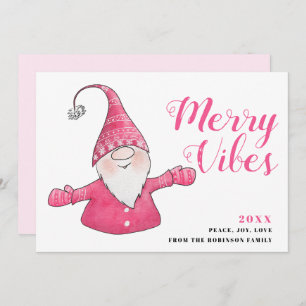 White and Pink Cute Gnome Merry Vibes Christmas Holiday Card