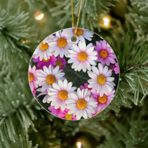 White and Pink Daisy Flower Ceramic Ornament