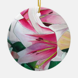 White and Pink day lily watercolor art flower Ceramic Ornament