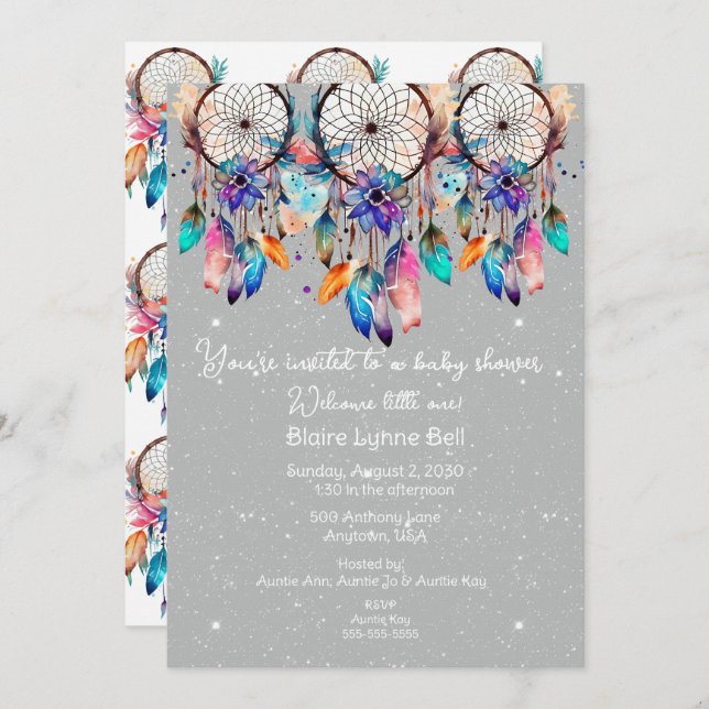 White and Pink Dreamcatcher Girl Baby Shower Invitation (Front/Back)
