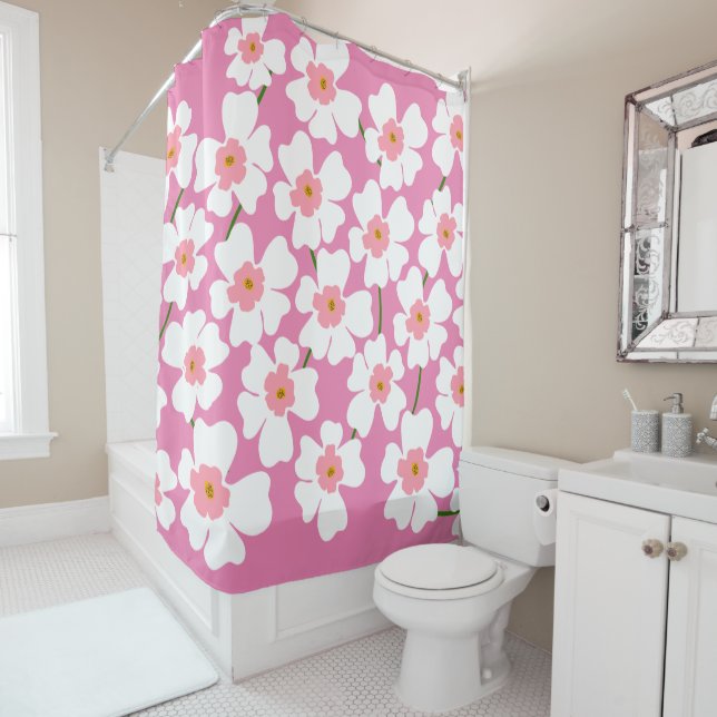White and Pink Fantasy Flower Power  Shower Curtain (In Situ)
