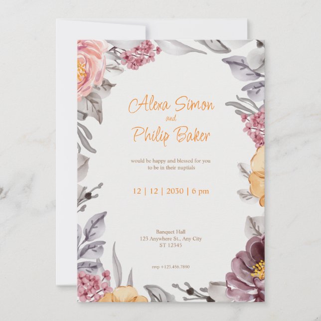 White and Pink Floral Border Wedding Invitation (Front)