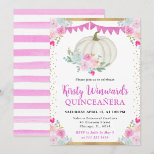 White and Pink Floral Pumpkin Fall Quinceanera Invitation