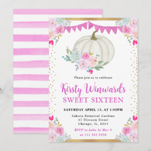 White and Pink Floral Pumpkin Fall Sweet 16 Invitation