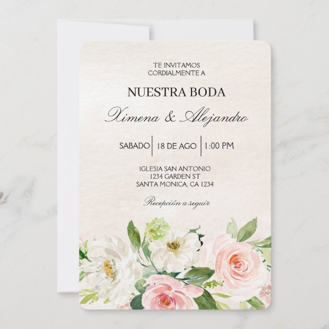 White and pink  Floral Spanish Wedding beige Invitation (Front)