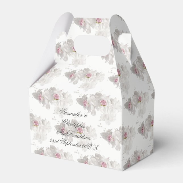White and pink floral wedding bouquet favour box (Front Side)