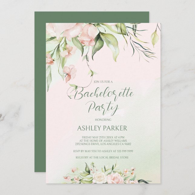 White and pink flowers Bachelorette Party Invite  (Front/Back)