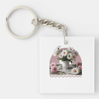 White and Pink Flowers Key Ring