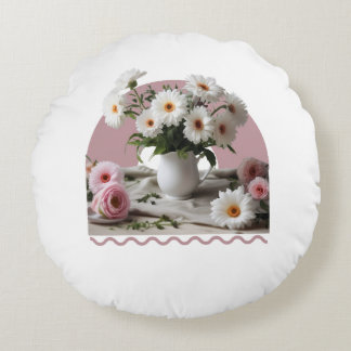 White and Pink Flowers Round Cushion
