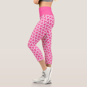 White and Pink Geometric Star Pattern Capri Leggings