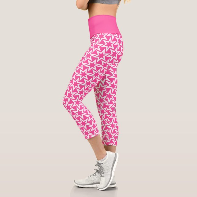 White and Pink Geometric Star Pattern Capri Leggings (Left)
