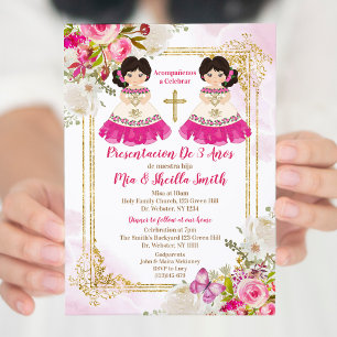 White and Pink Girl Twin Presentacion De 3 Años Invitation