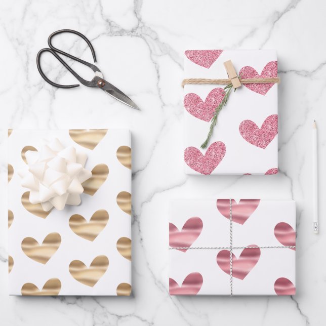 White and Pink Gold Glam Glitter Hearts Wrapping Paper Sheet (Front)