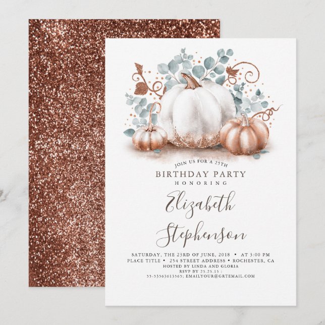White and Pink Gold Pumpkins Fall Harvest Birthday Invitation (Front/Back)