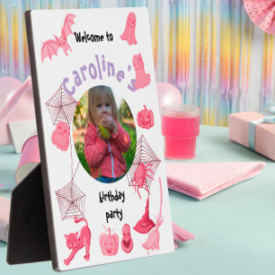 White and pink Halloween birthday party welcome Plaque