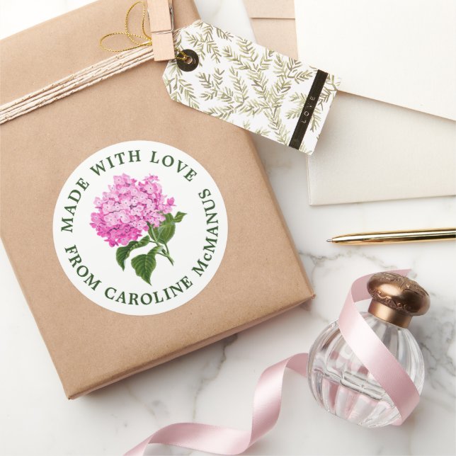 White and Pink Hydrangea Made with Love Classic Round Sticker (Gifting)