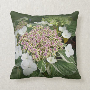 White and Pink Lace-Cap Hydrangea Blossoms-Pillow Cushion