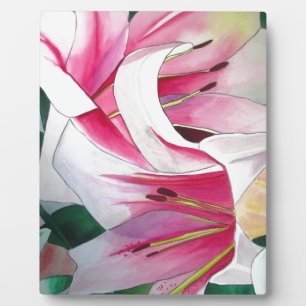 White and pink lily flower watercolor art plaque