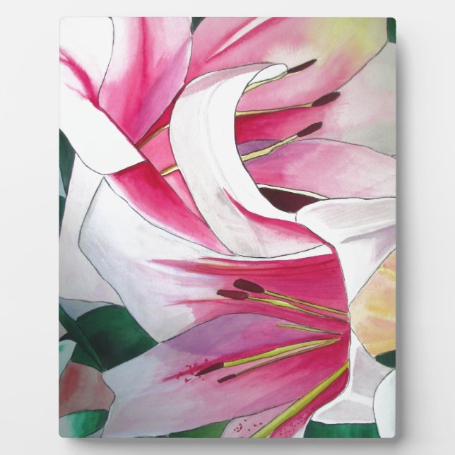 White and pink lily flower watercolor art plaque (Front)