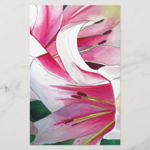 White and pink lily flower watercolor art stationery