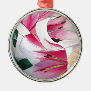 White and Pink Lily flower watercolor original art Metal Ornament