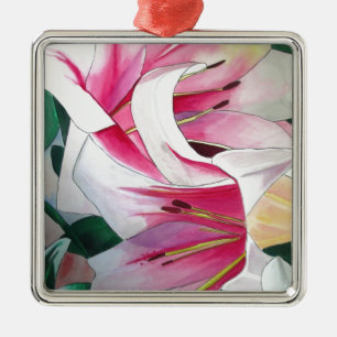 White and Pink Lily flower watercolor original art Metal Tree Decoration