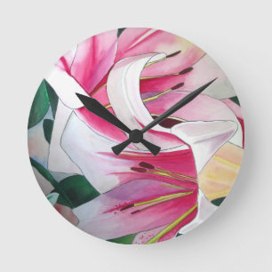 White and Pink Lily flower watercolor original art Round Clock