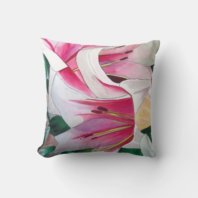 White and pink lily Triumphator floral Cushion (Front)