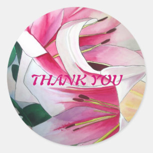 White and pink lily Triumphator flower Thank You Classic Round Sticker