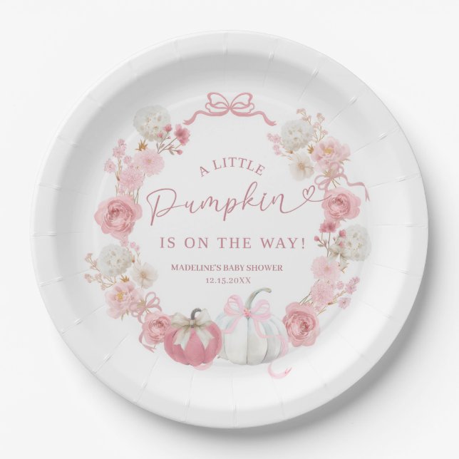White and Pink Little Pumpkin Paper Plate (Front)