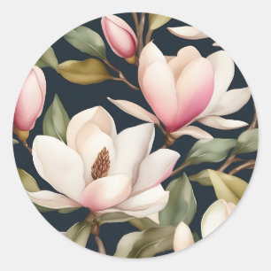 White And Pink Magnolia Flowers Pattern Classic Round Sticker