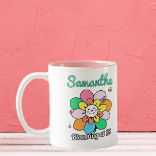 White and Pink Mug with Happy Flower Design