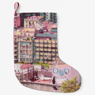 WHITE AND PINK PAINTED WALL APARTMENT COMPLEX SMALL CHRISTMAS STOCKING
