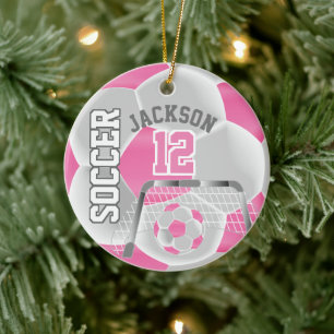 White and Pink Personalise Soccer ⚽ Ball Ceramic Ornament