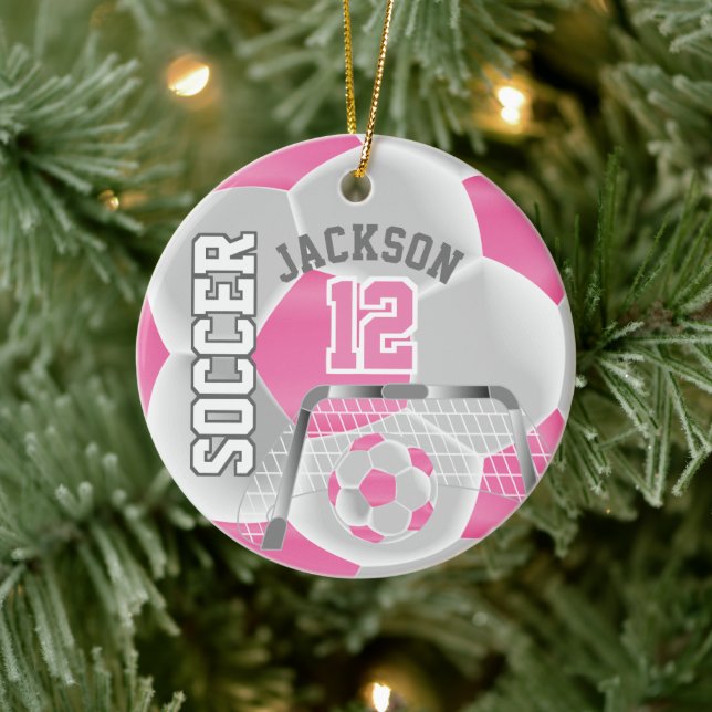 White and Pink Personalise Soccer ⚽ Ball Ceramic Ornament (Tree)
