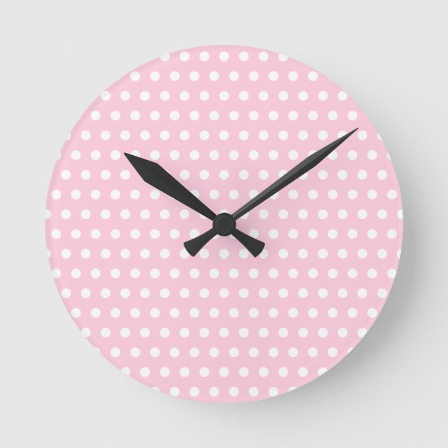 White and Pink Polka Dots Pattern. Round Clock (Front)