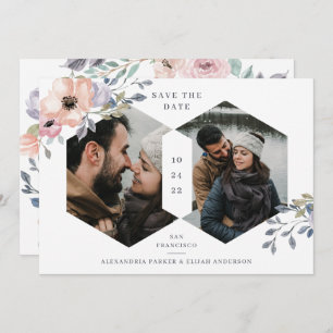 White and Pink Rose Geometric Floral Two Photo Save The Date