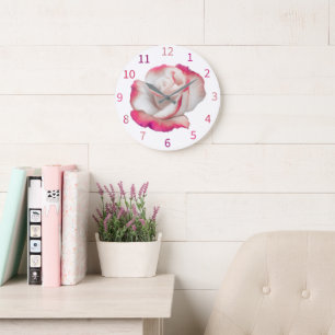 White and pink rose - pastel art large clock