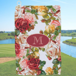 White and Pink Roses Floral Custom Monogram Golf Towel