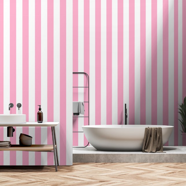 White and pink striped classic peel and stick wallpaper (Bathroom)