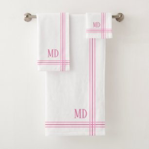 White and Pink Striped Custom Initials Bath Towel Set