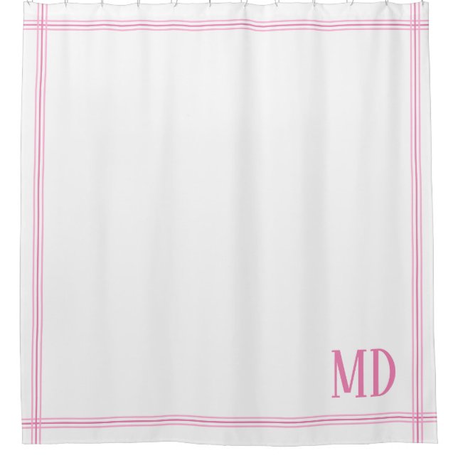  White and Pink Striped Custom Initials Shower Curtain (Front)
